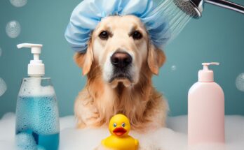 Yellow-Labrador-Wearing-a-Shower-Cap-Sitting-in-a-Foam-Filled-Bathtub