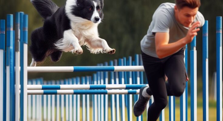 Dog-handler-with-border-collie-running-dog-agility-course