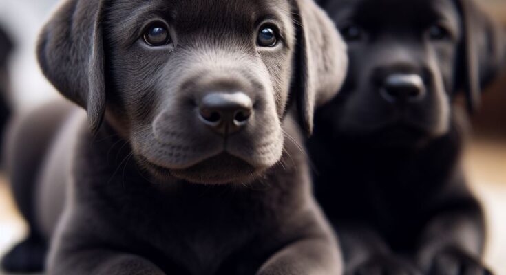 Two Labrador Puppies - one Silver and one Black laying on their bellies and looking straight into the camera