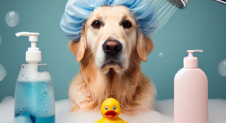 Yellow-Labrador-Wearing-a-Shower-Cap-Sitting-in-a-Foam-Filled-Bathtub